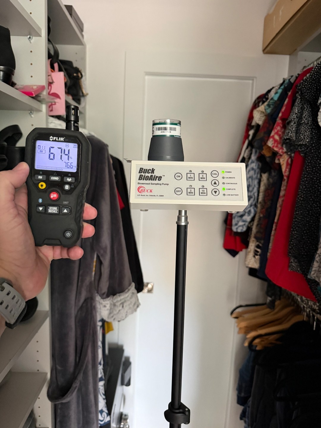 Air sampling performed in an interior closet where relative humidity was documented during the inspection