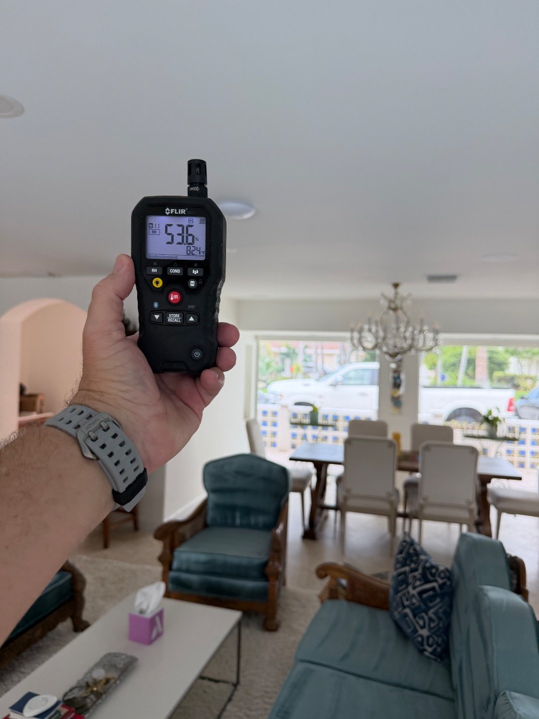 Environmental humidity measurement recorded in a dining area during the Pompano Beach HVAC inspection