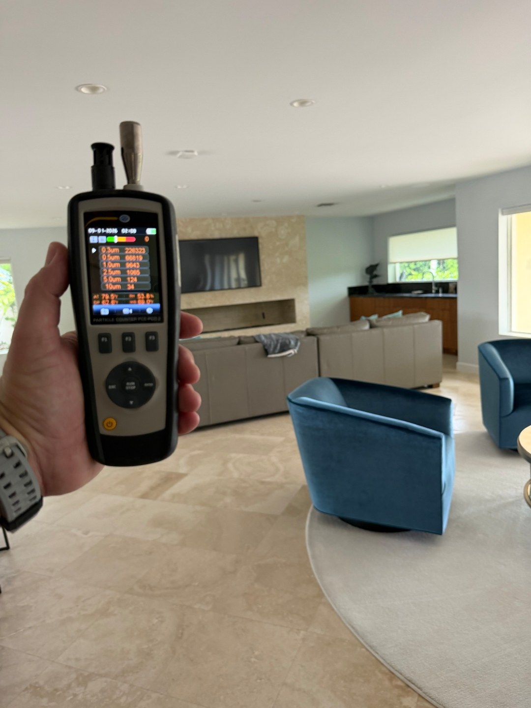 Particle counter measurement collected during a Pompano Beach HVAC mold and moisture assessment