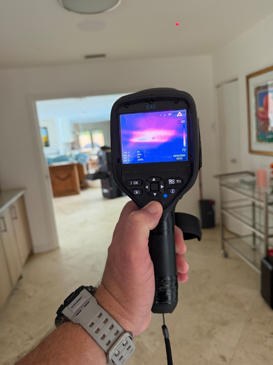 Thermal imaging used to evaluate a ceiling HVAC supply register in a Pompano Beach residence