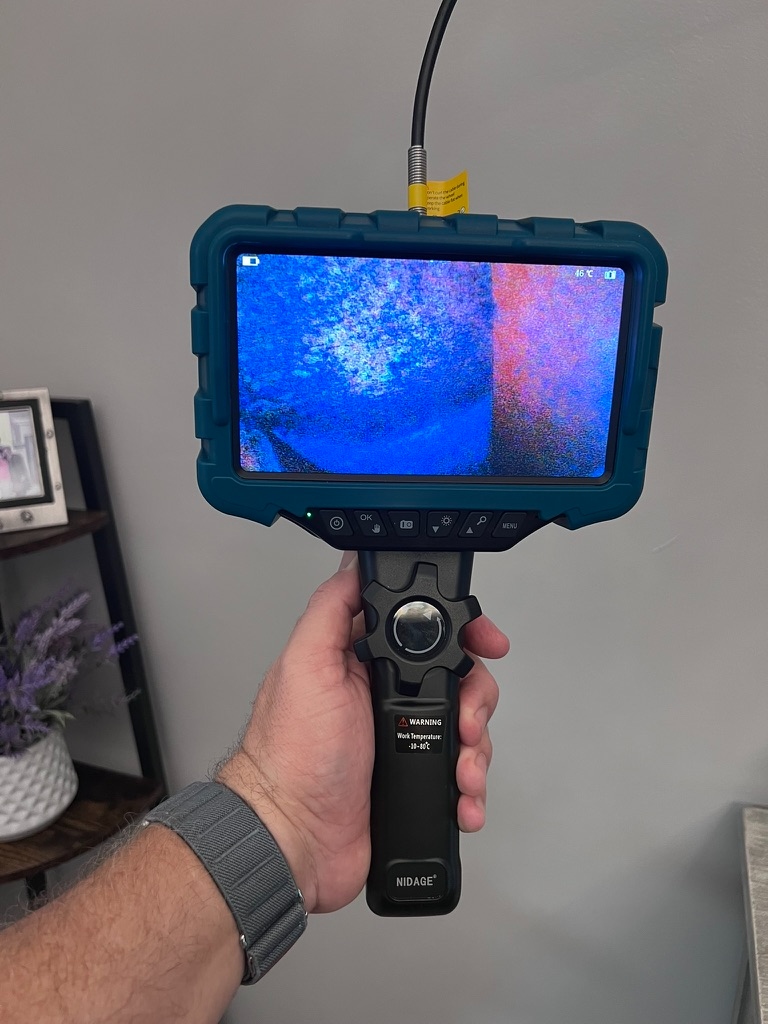 NIDAGE thermal imaging camera displaying a blue and red infrared heat map of a surface during a mold investigation