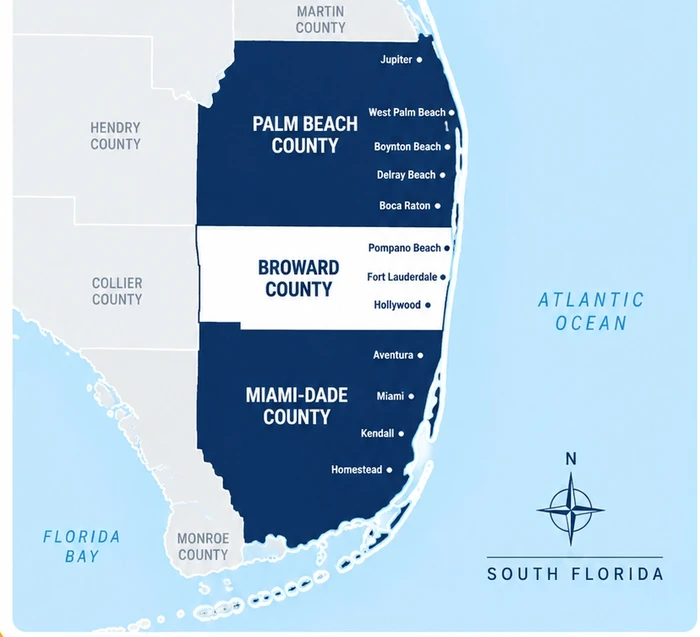 South Florida service area map showing Palm Beach County and Miami-Dade County in navy as extended travel areas, with Broward County in white as the standard service area